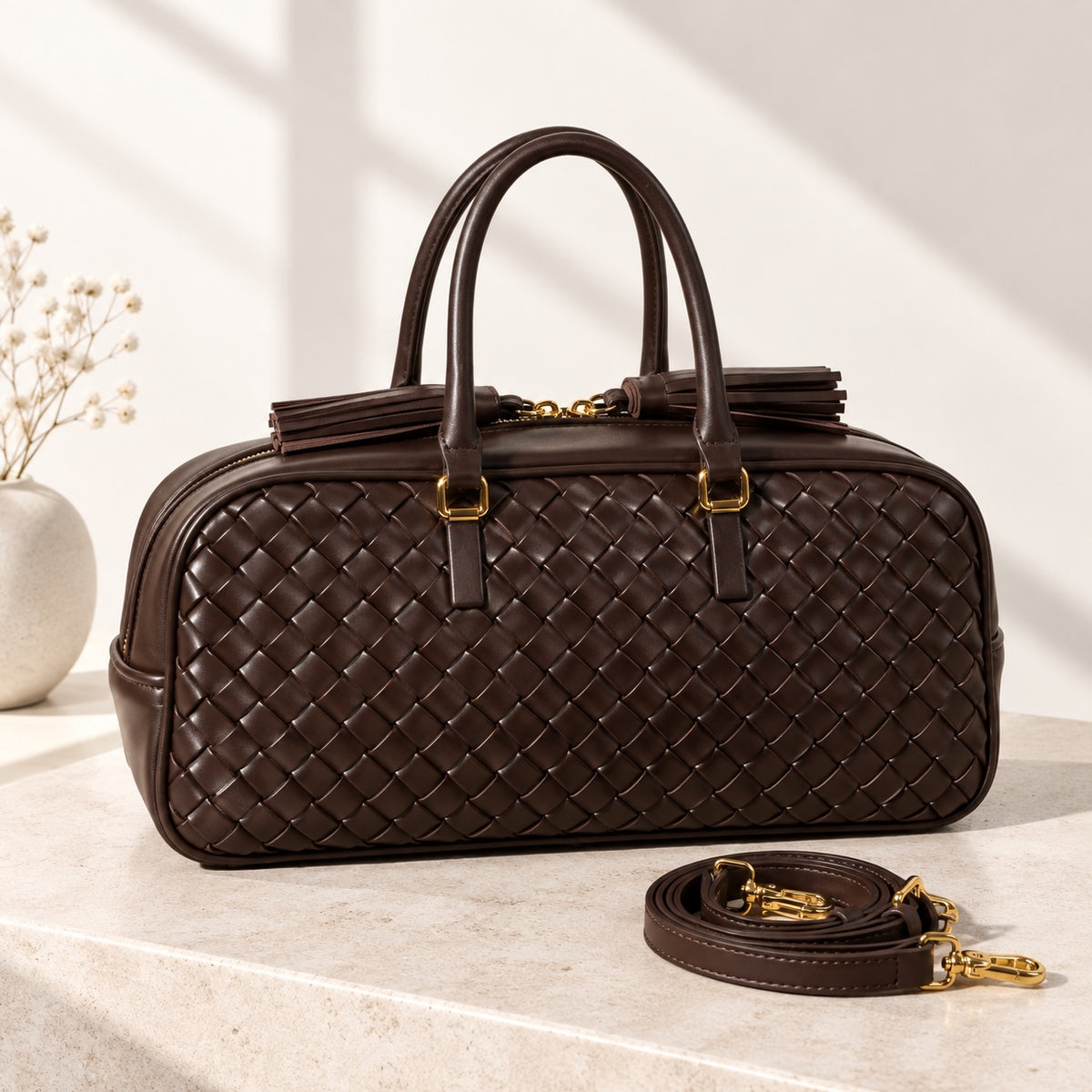 Greta Boston Bag in Dark Brown, with shoulder strap