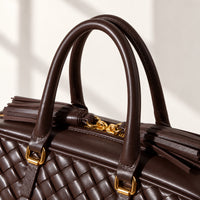 Greta Boston Bag in Dark Brown, handle and hardware detail