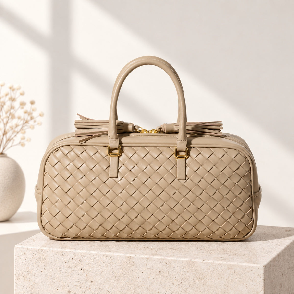 Greta Boston Bag in Beige, front view