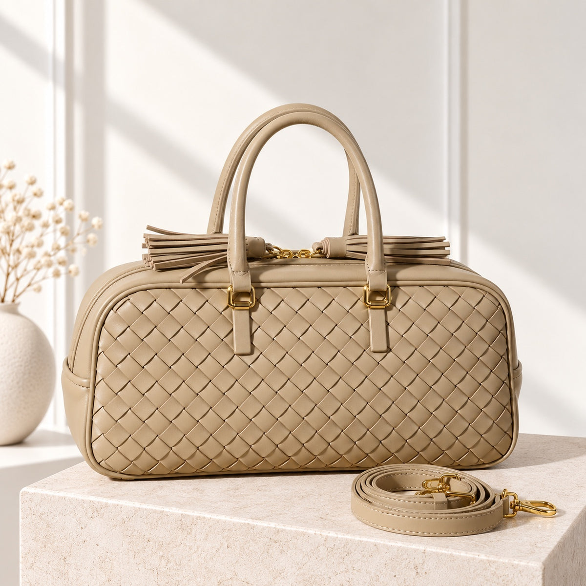 Greta Boston Bag in Beige, with shoulder strap