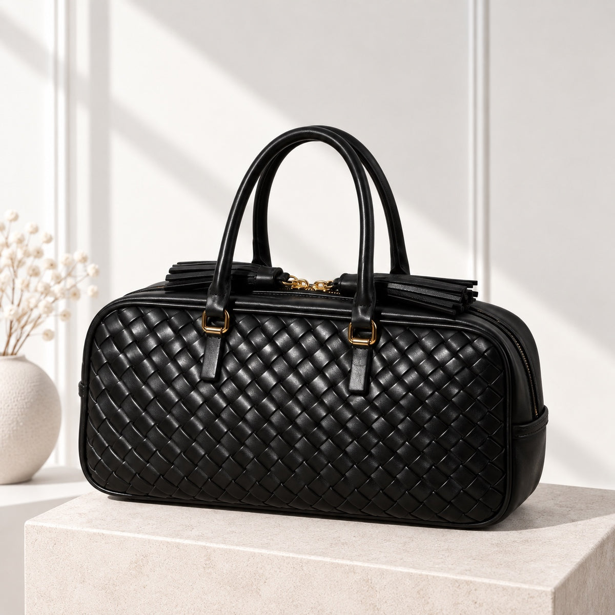 Greta Boston Bag in Black, three-quarter view