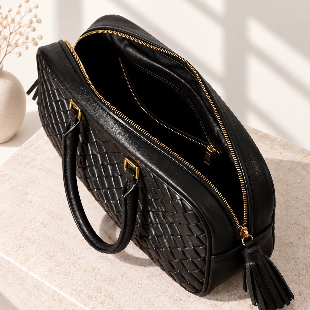 Greta Boston Bag in Black, interior detail