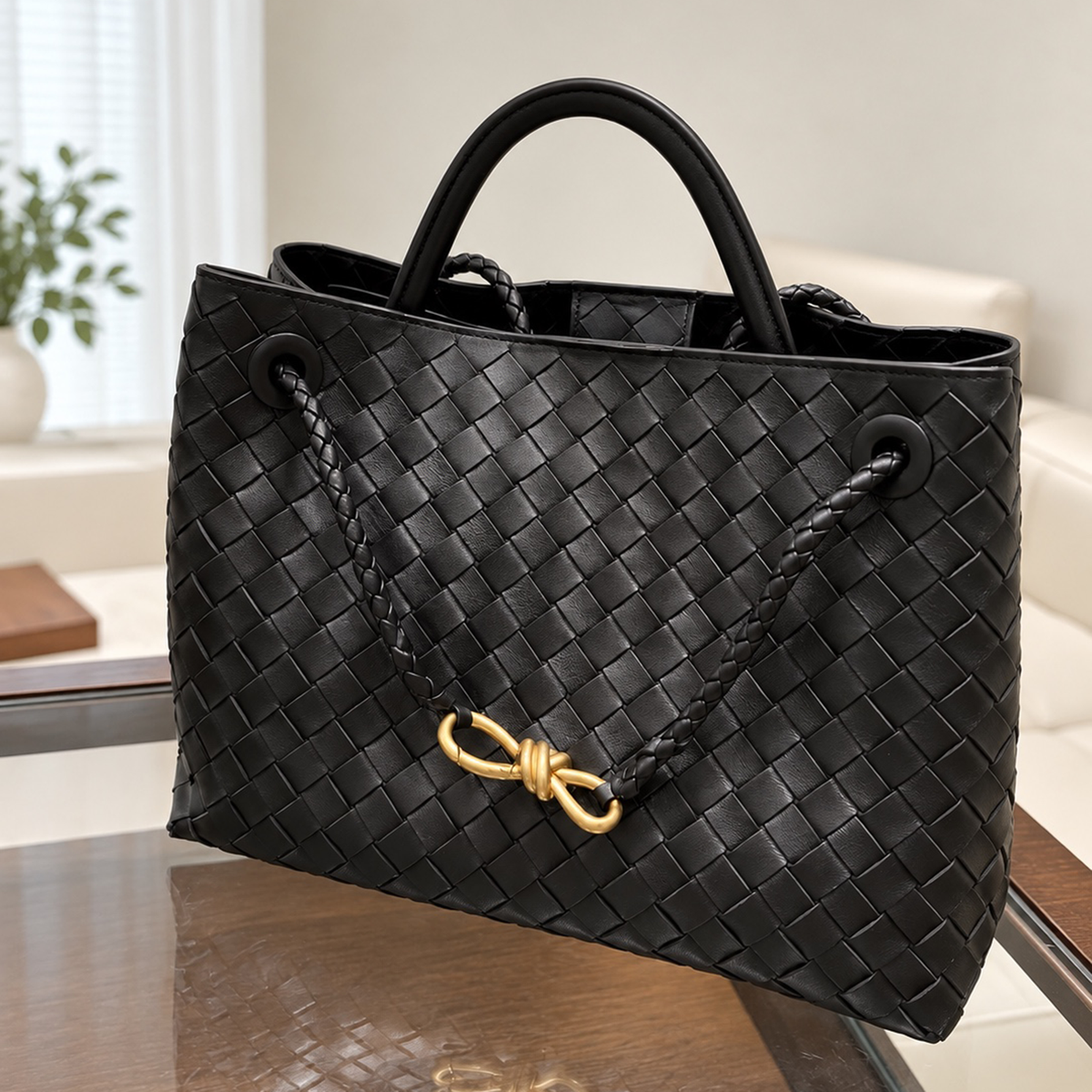 Maren Woven City Tote in Black, front view