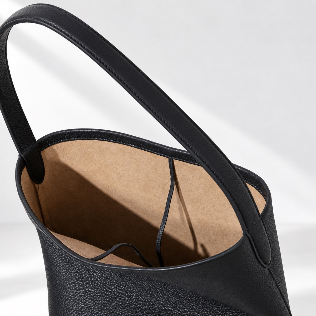 Black Aya Bucket Bag, top and interior detail
