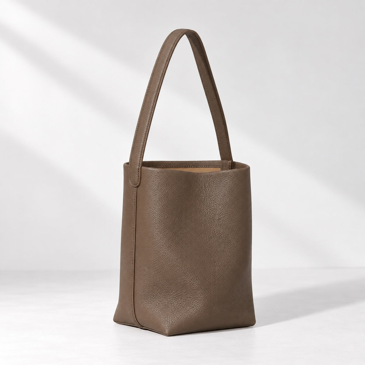 Taupe Aya Bucket Bag, angled view