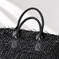 Astrid Fringed Tote in Black, handle and weave detail