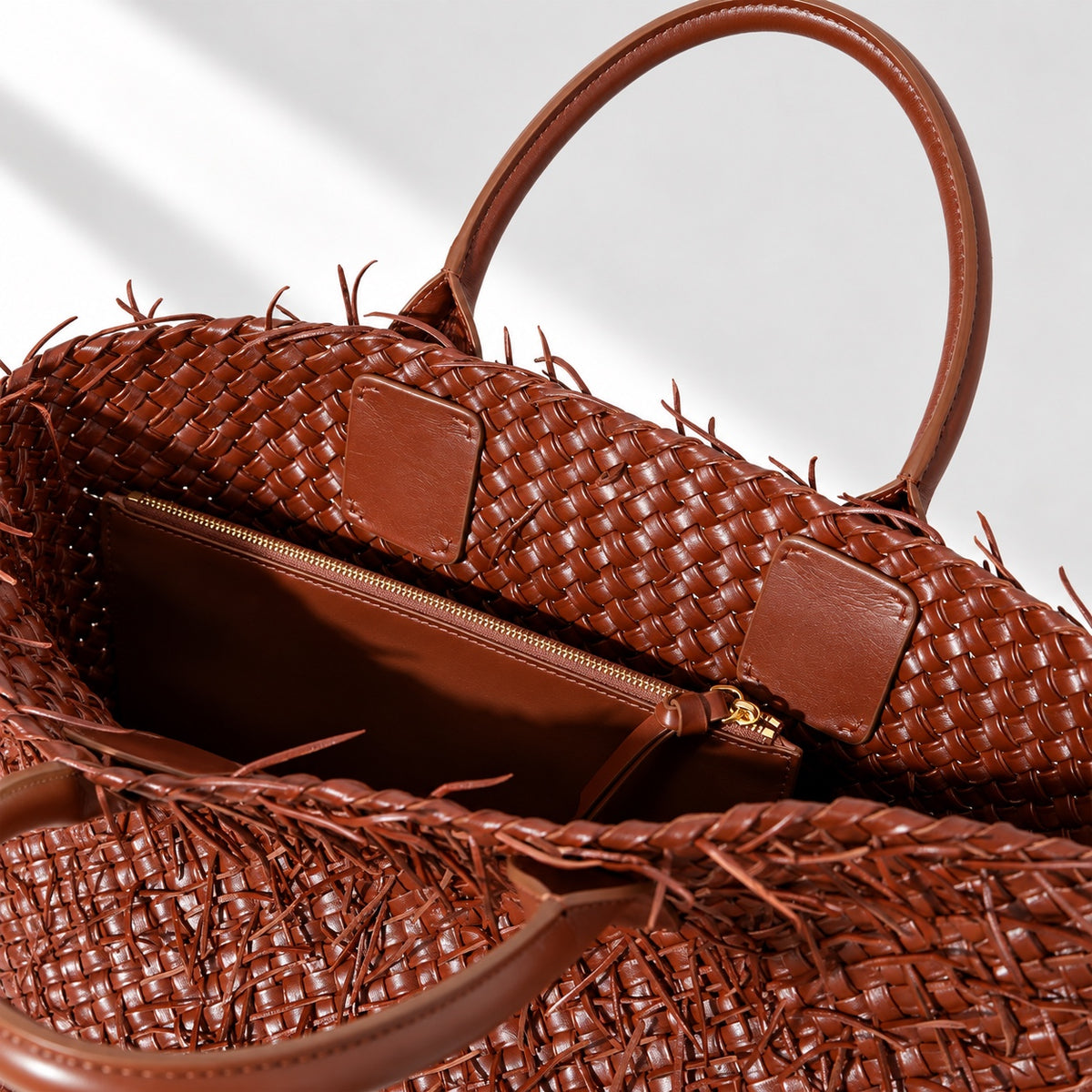 Astrid Fringed Tote in Cognac, interior detail