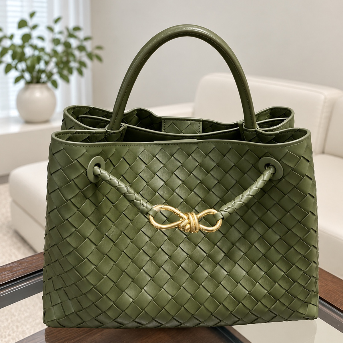 Maren Woven City Tote in Olive, front view