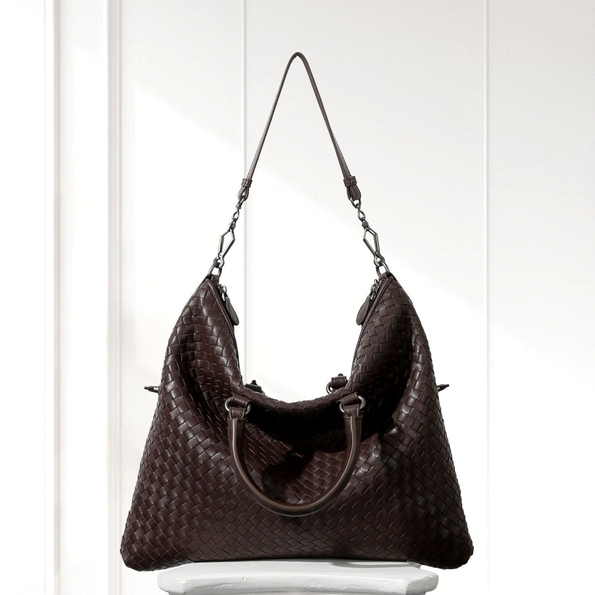 Mette Woven Tote in Dark Brown, with shoulder strap