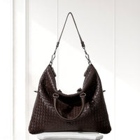 Mette Woven Tote in Dark Brown, with shoulder strap