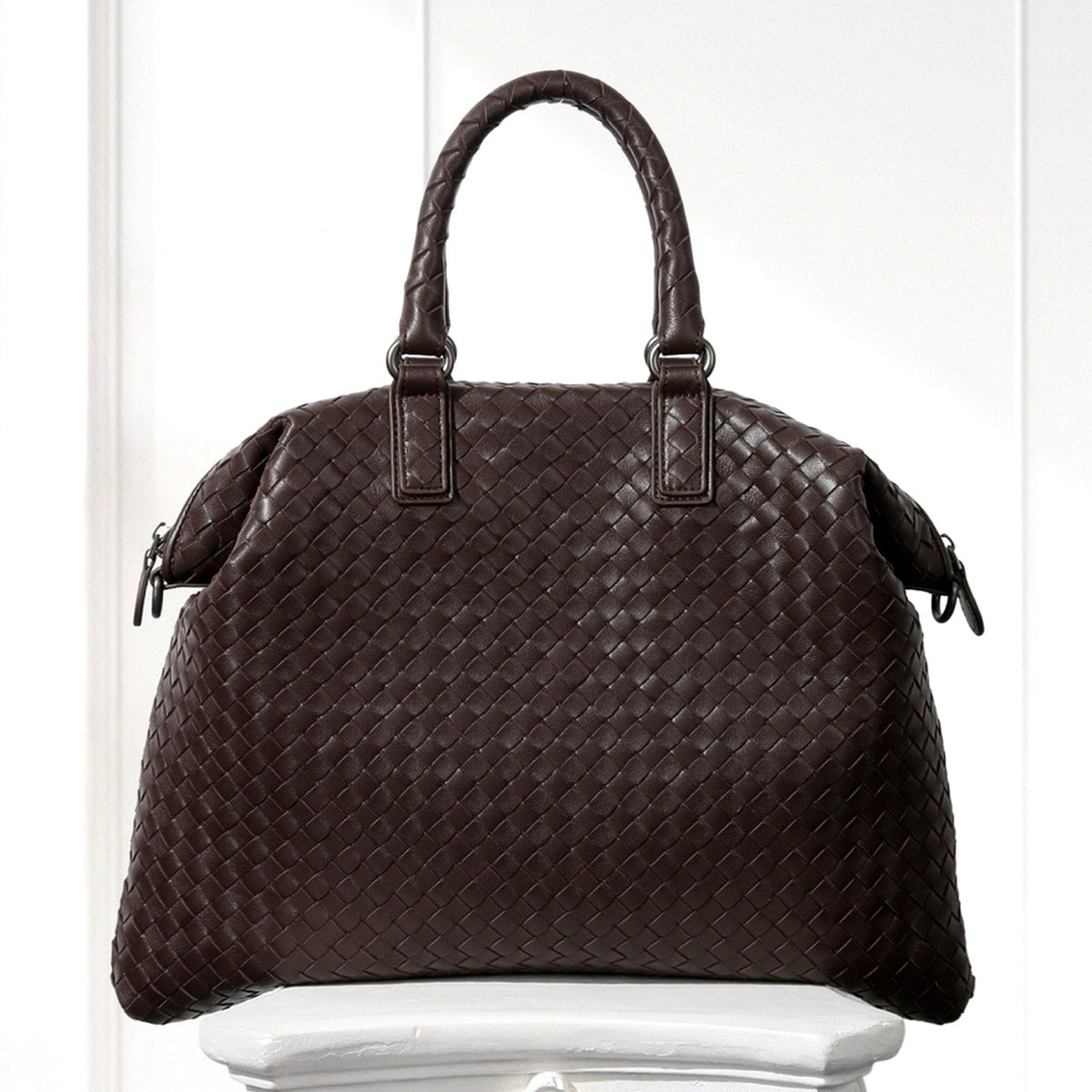 Mette Woven Tote in Dark Brown, top handle view