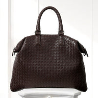 Mette Woven Tote in Dark Brown, top handle view