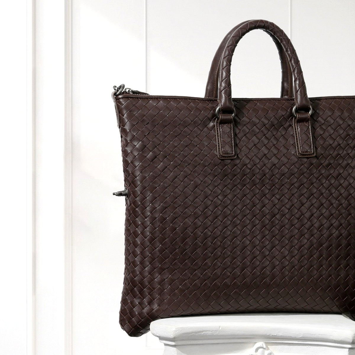 Mette Woven Tote in Dark Brown, side view