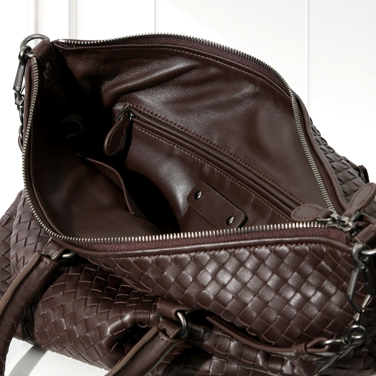Mette Woven Tote in Dark Brown, interior view