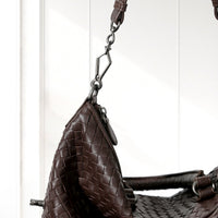 Mette Woven Tote in Dark Brown, shoulder strap clasp detail