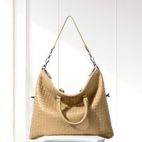 Mette Woven Tote in Beige, with shoulder strap