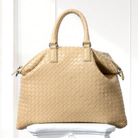 Mette Woven Tote in Beige, top handle view
