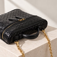 Vera Vanity Bag in Black, woven leather and chain detail