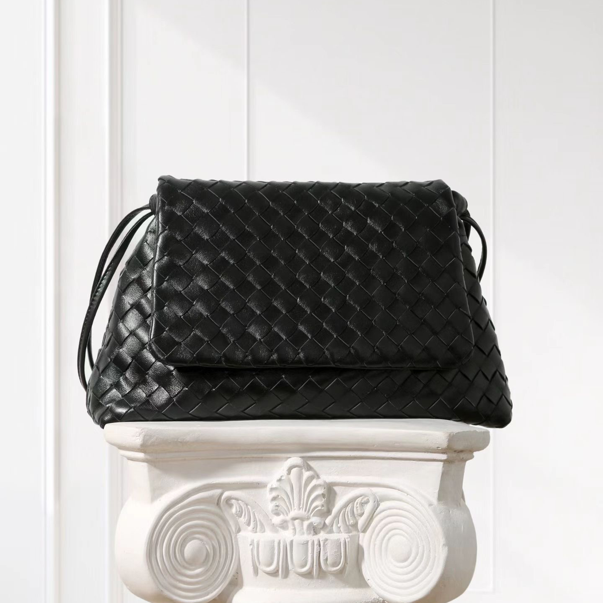 Liv Woven Foldover Bag in Black, front view