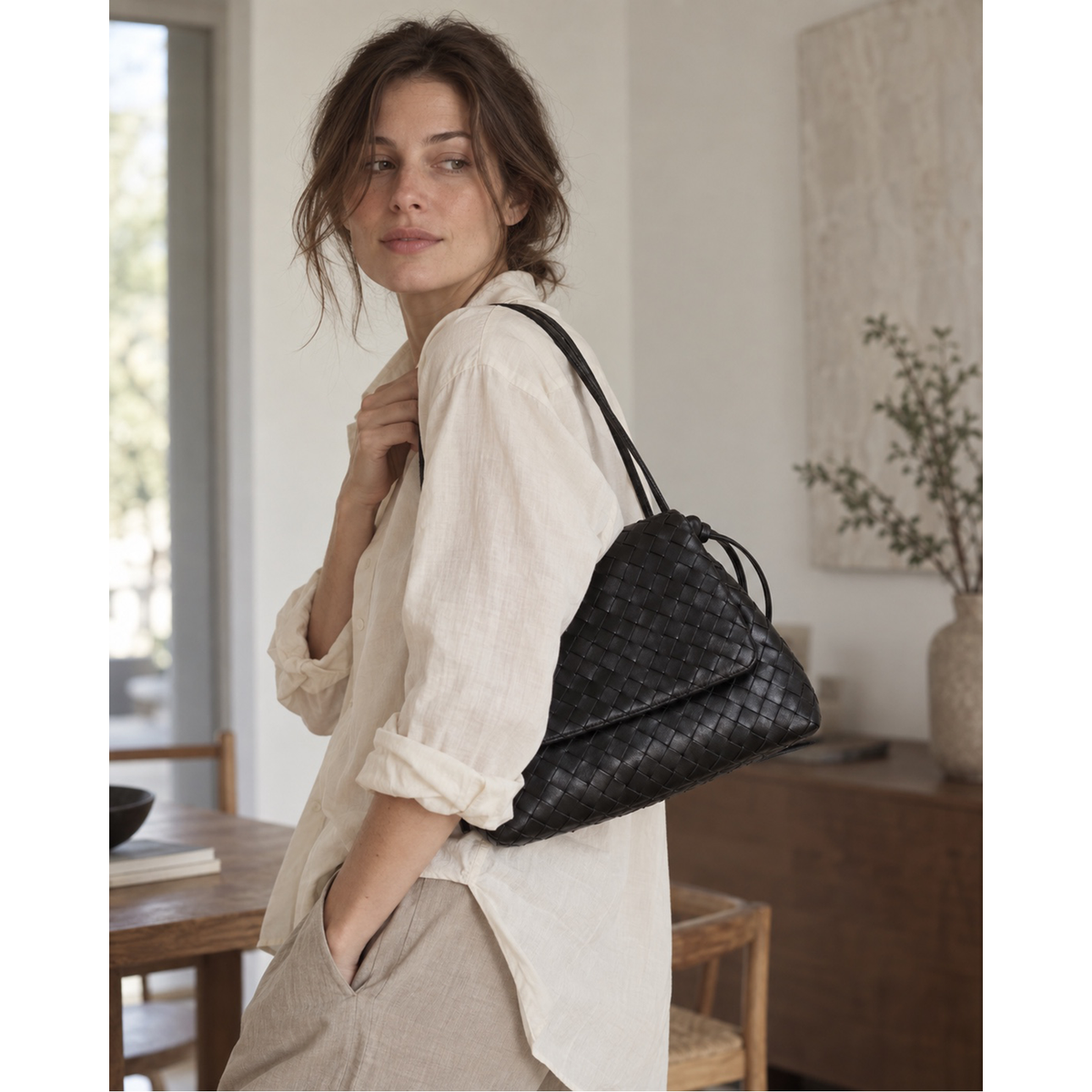 Liv Woven Foldover Bag in Black, on model