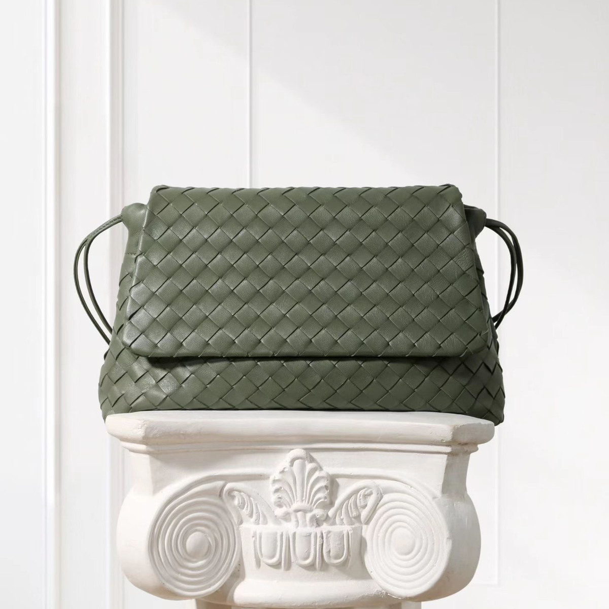 Liv Woven Foldover Bag in Olive, front view