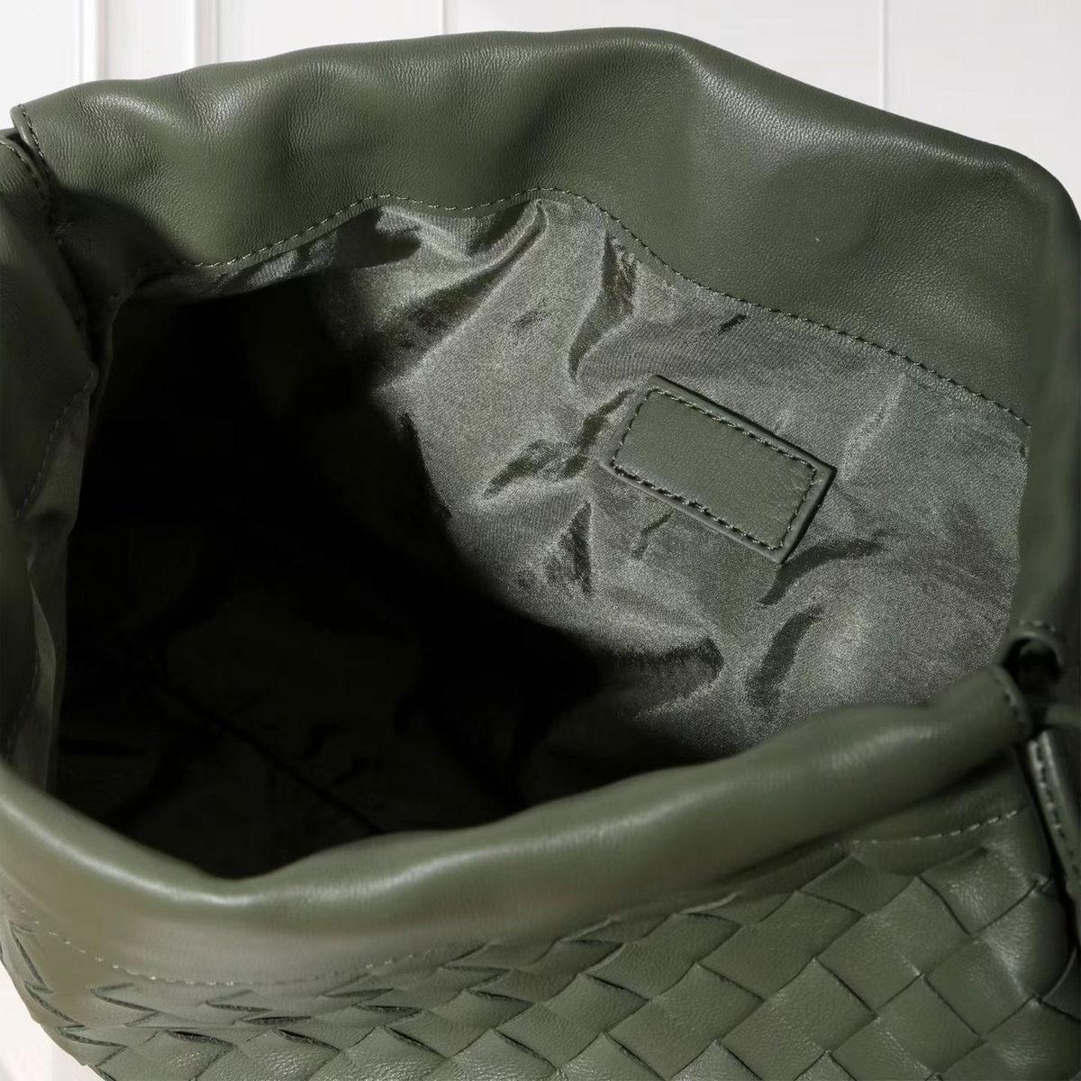 Liv Woven Foldover Bag in Olive, interior detail