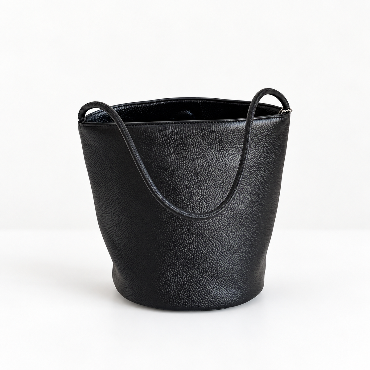 Cleo Smooth Bucket Bag in Black, front view