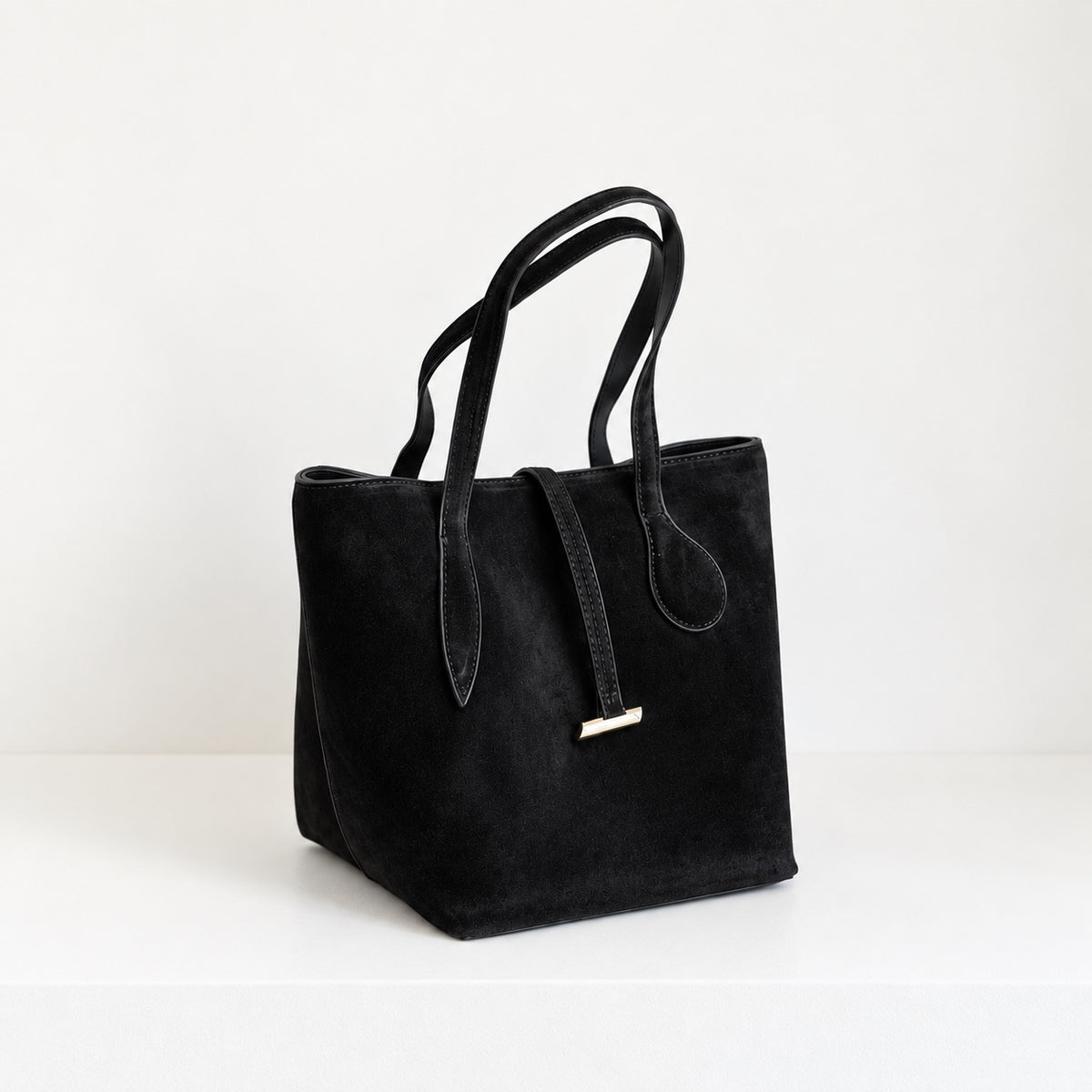 Selma Compact Tote in Black, angled studio view