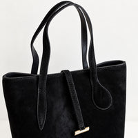 Selma Compact Tote in Black, handle and closure detail