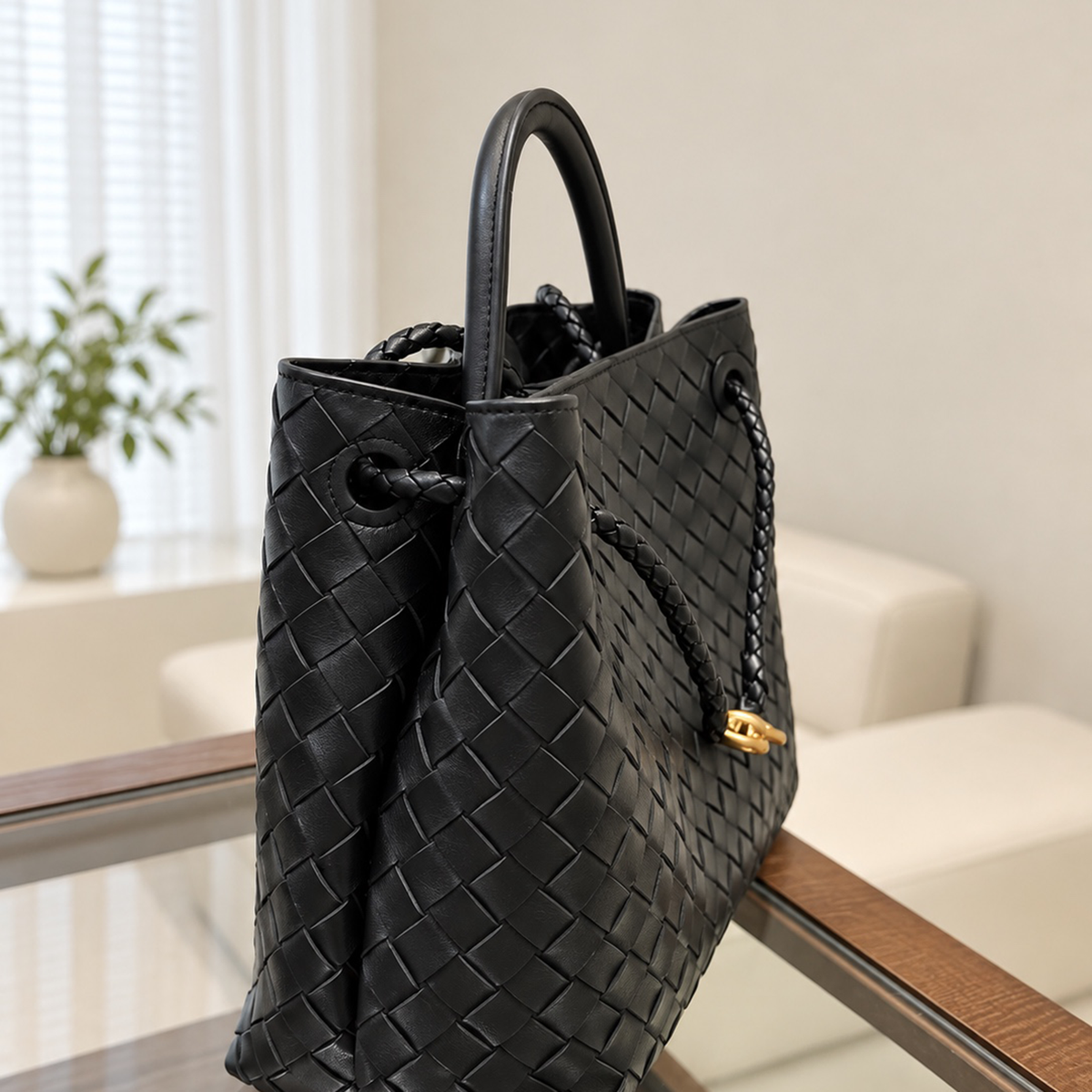 Maren Woven City Tote in Black, side view