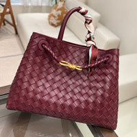 Maren Woven City Tote in Burgundy, angled view with styling scarf