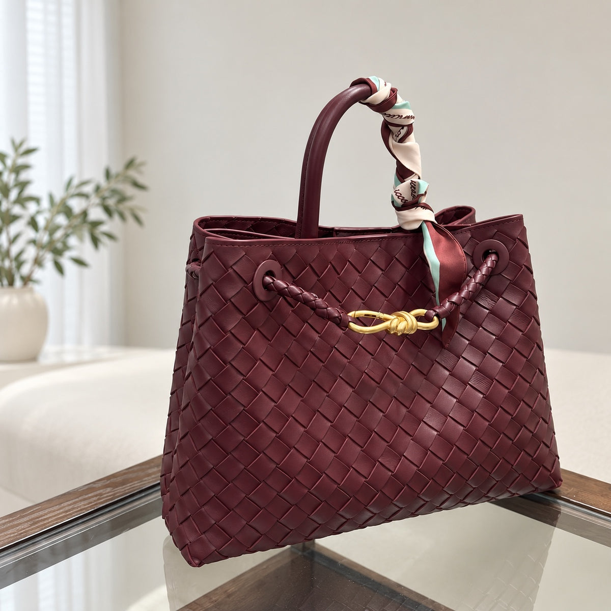 Maren Woven City Tote in Burgundy, front view with styling scarf