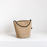 Camel Cleo Suede Bucket Bag, standing front view
