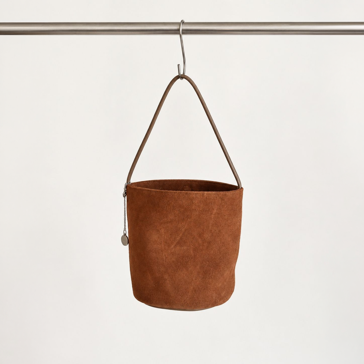 Brown Cleo Suede Bucket Bag, hanging front view