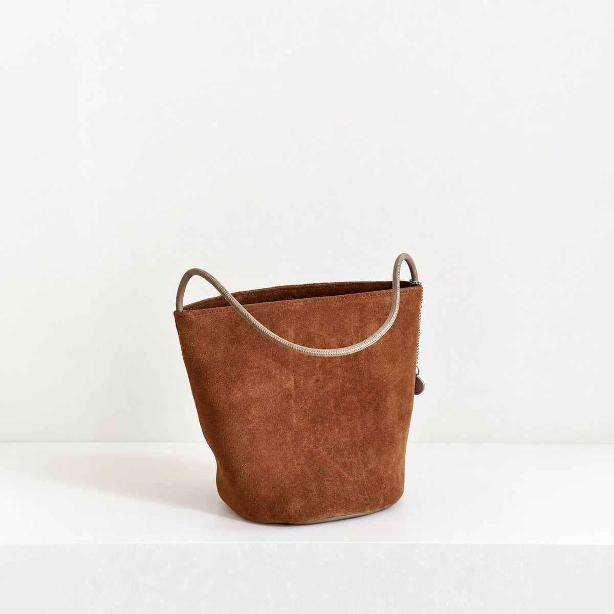 Brown Cleo Suede Bucket Bag, standing front view