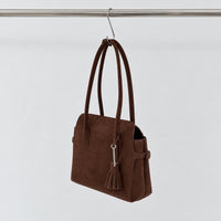 Freya Tassel Shoulder Bag in Brown, suede angled view