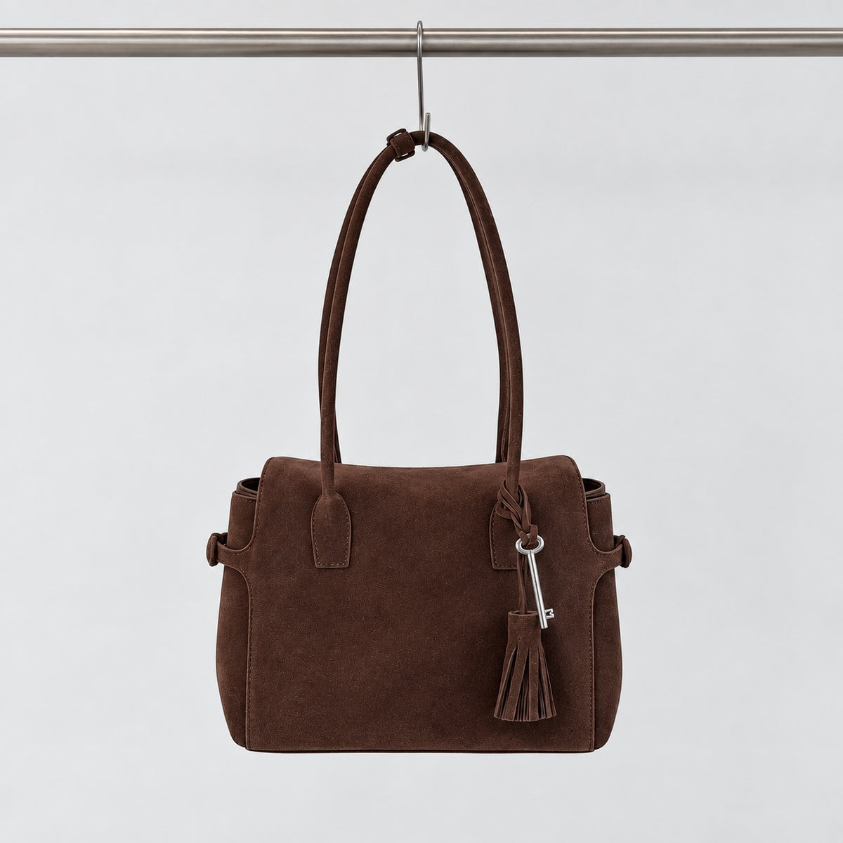 Freya Tassel Shoulder Bag in Brown, suede front view