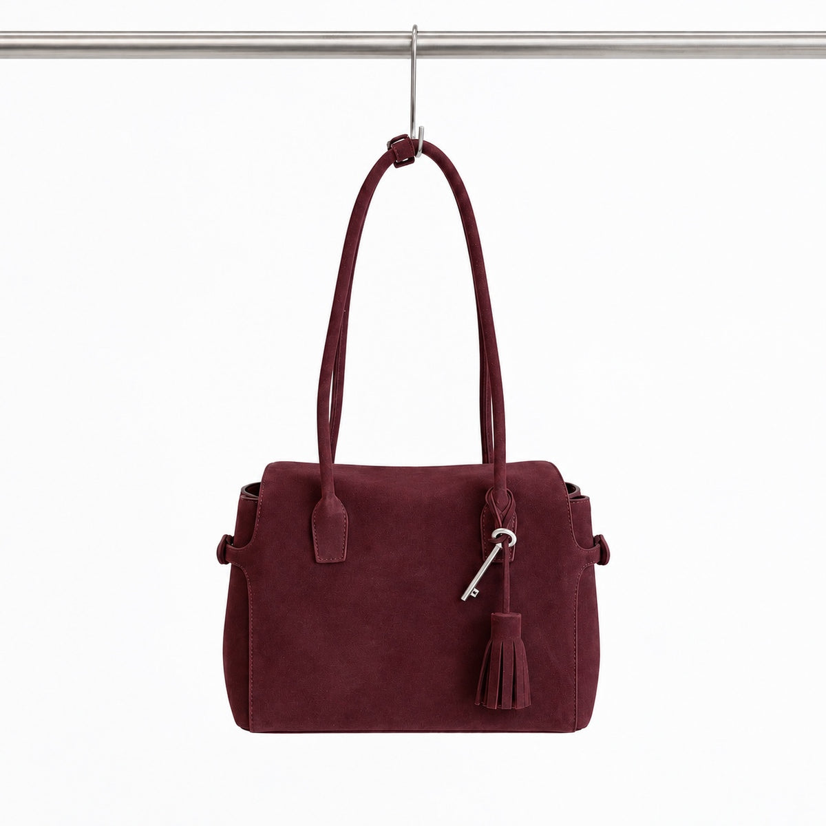 Freya Tassel Shoulder Bag in Deep Brown, suede front view