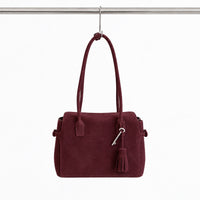 Freya Tassel Shoulder Bag in Deep Brown, suede front view