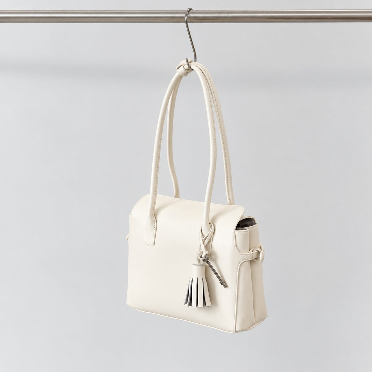 Freya Tassel Shoulder Bag in Ivory, smooth leather front view