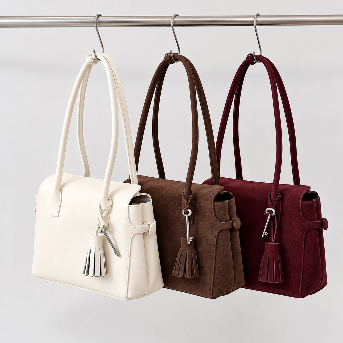 Freya Tassel Shoulder Bag in Ivory, Brown and Deep Brown, three colorways with smooth and suede finishes