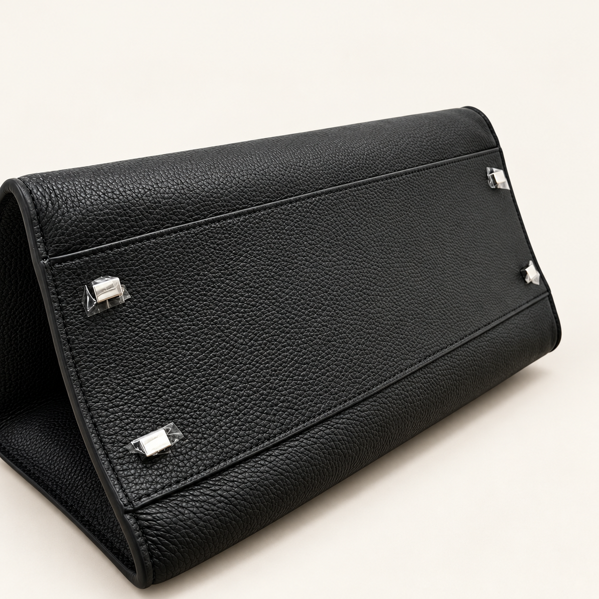 Veda East West Tote, Black base with four silver-tone metal feet