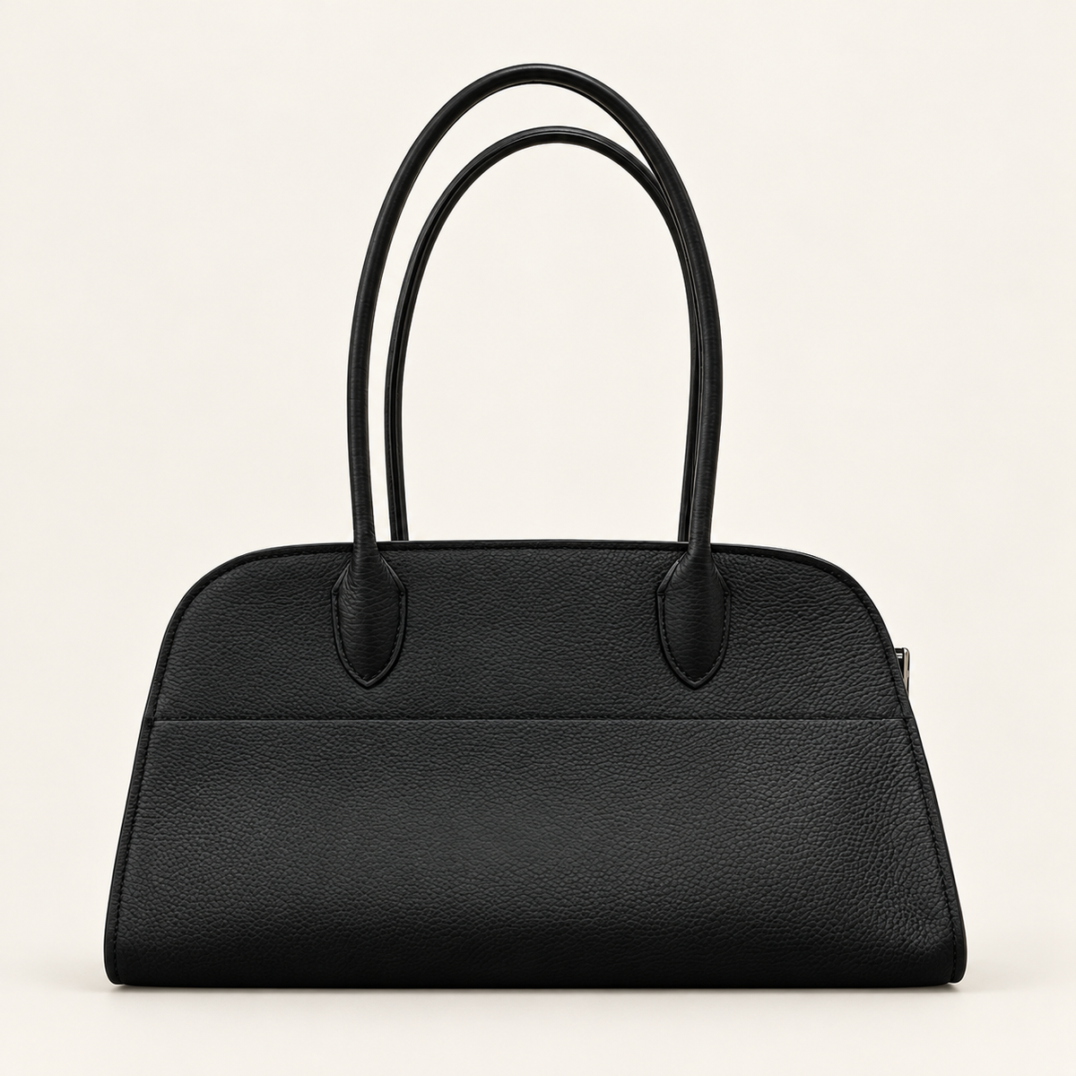 Veda East West Tote in Black, front view of the pebbled top-grain cowhide bag with long handles