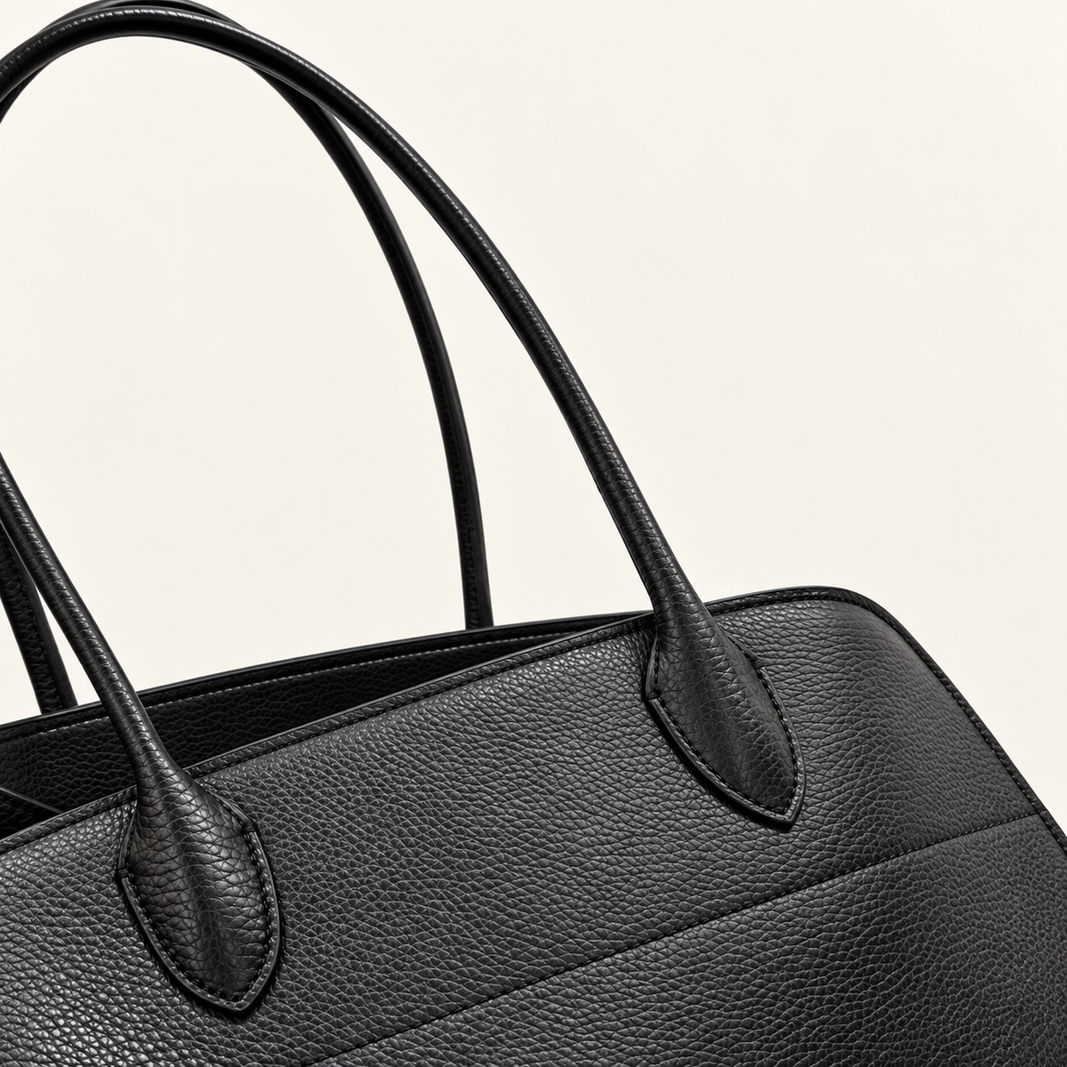 Veda East West Tote, Black pebbled cowhide and stitched handle attachment detail