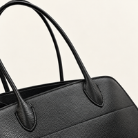 Veda East West Tote, Black pebbled cowhide and stitched handle attachment detail