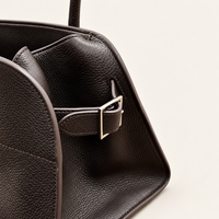 Veda East West Tote, Dark Brown side gusset and silver-tone buckle detail