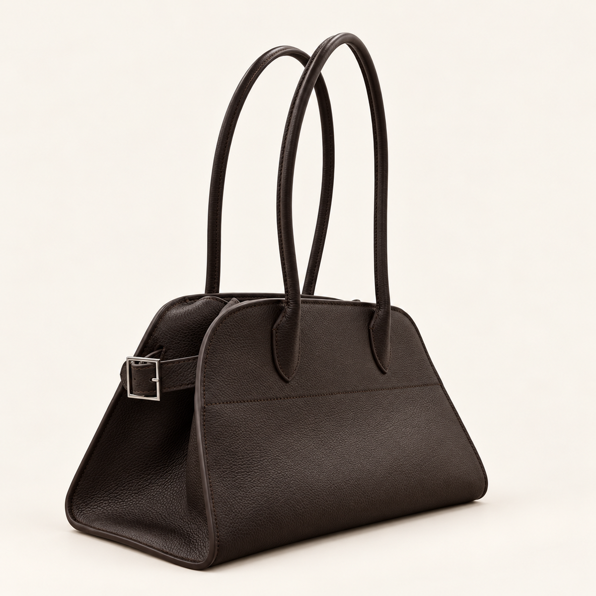 Veda East West Tote, Dark Brown three-quarter view with side buckle
