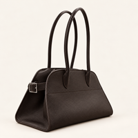 Veda East West Tote, Dark Brown three-quarter view with side buckle