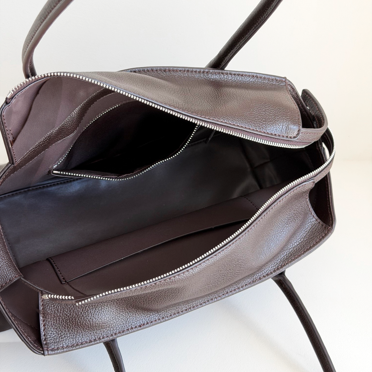 Anouk Shoulder Tote in Dark Brown, open interior and zip pocket