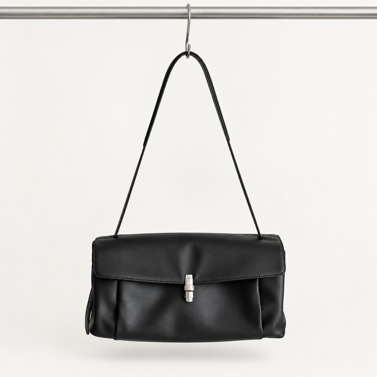 Elsa Pleated Shoulder Bag in Black, front hanging view